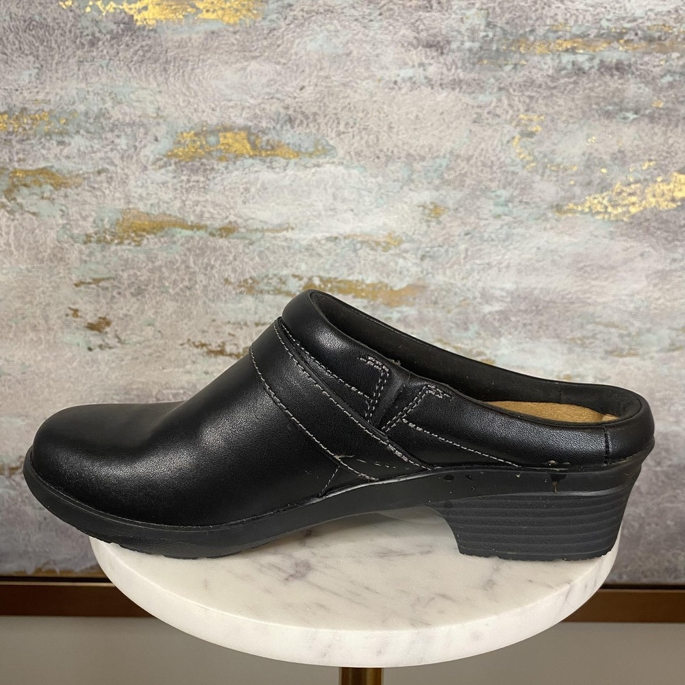 Clarks Collection Clog Shoes Womens Size 7 Wide Black Leather Slip On Comfort - Picture 6 of 9